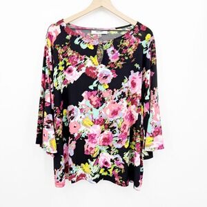 Jones Studio 3X Floral Blouse Black Pink Bell Sleeve Keyhole Neck Stretch Artsy
